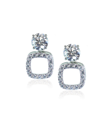 Diamond drop square earrings isolated on whiteの写真素材
