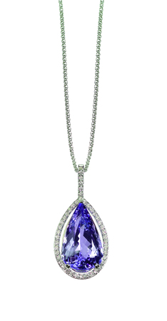 Purple Tanzanite Amethyst Diamond drop pear shape gemstone halo necklace on a chainの写真素材