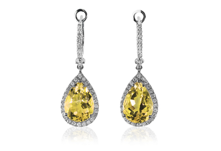 Beautiful Diamond gemstone yellow topaz citrine cushion cut pear shape teardrop drop dangle diamond earrings.の写真素材