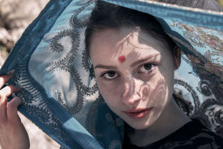 Portrait of a white girl in a sareeの写真素材