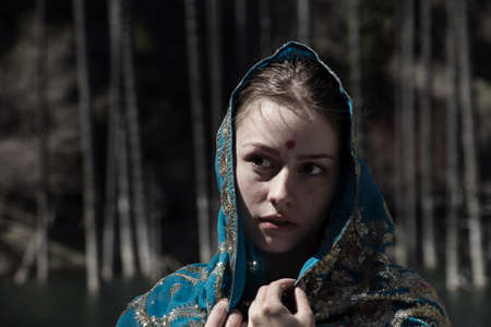 White girl in sari on natureの写真素材