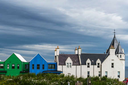 view of colored houses in John O 'Groats village in Scottish Highlandsの写真素材