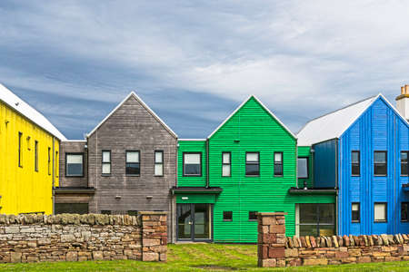 view of colored houses in John O 'Groats village in Scottish Highlandsの写真素材
