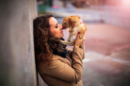 cute teen girl with gray rabbitの写真素材