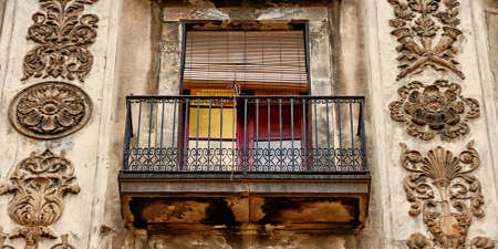 BARCELONA, circa 2015 - Ultra closeup shot of a facade of a historical building in the popular Ramblas avenue, Barcelona, Catalonia, Spainのeditorial素材