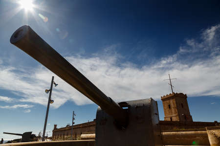BARCELONA, circa 2015 - Wide angle shot of cannons in the Castle of Montjuic, Barcelonaのeditorial素材