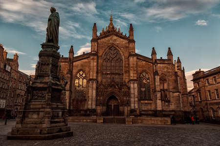 EDINBURGH, circa 2016 - Wide angle shot of the St Giles Cathedral, Royal Mile, Edinburgh during the golden hour, Scotland, UKのeditorial素材