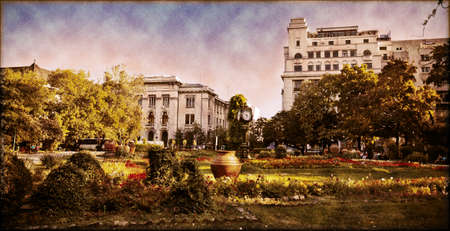 BUCHAREST, circa 2016 - A panoramic retro shot of Bucharest, Romania, taken form the Cismigiu Parkのeditorial素材
