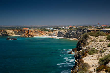 SAGRES. circa 2017 - Wide angle shot of the pristine turquoise waters of Sagres Cape and town in Algarve, Portugalのeditorial素材