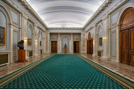 BUCHAREST, circa 2016 - Wide shot of the reception room of the Romanian Parliament - People's House - in Bucharest, capital of Romaniaのeditorial素材