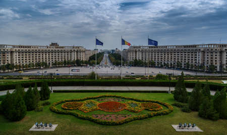 BUCHAREST, circa 2016 - Wide shot of the city of Bucharest in Romania, showing the Parliament Square and Liberty Avenue (Bulevardul Libertatii)のeditorial素材
