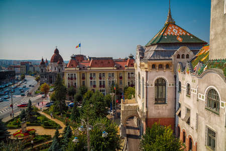 TARGU MURES, circa 2016 - Wide shot of the Culture Palace and downtown of Targu Mures, Romaniaのeditorial素材