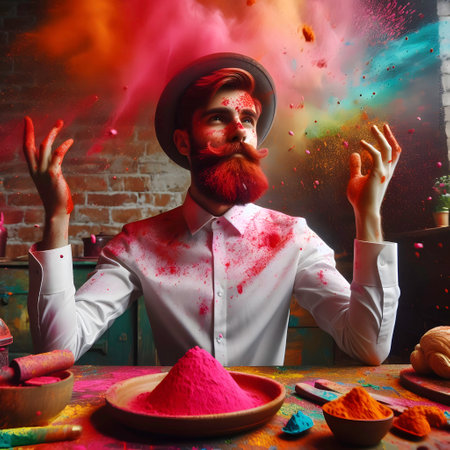 holi festival with colorful background Bearded man, long beard, brutal caucasian hipster with mustache in white shirt and hat with colorful powder paint on face, sitting at table with colorful holi paintsの素材