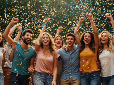 Group of friends having fun together at the party with confetti.の素材