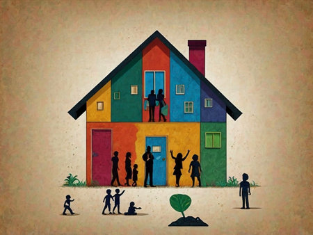 People in front of the house. Conceptual illustration of family.の素材