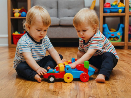 Two cute little boys playing with colorful toy cars at home. Adorable children having fun together.の素材