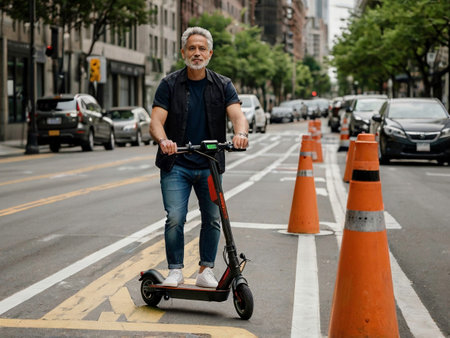 Senior man riding electric scooter in New York City, USA.の素材