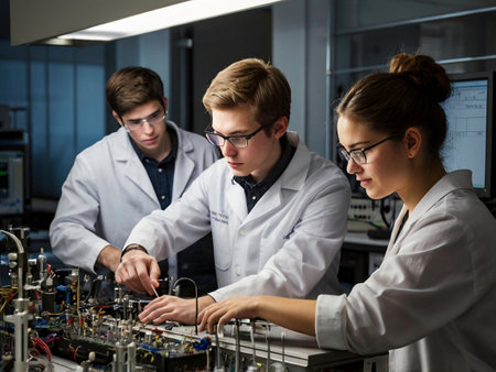 Group of students working on a computer in a laboratory. Education and technology concept.の素材