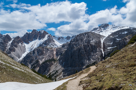 hiking path in the dolomites alps near San Vigilioの写真素材