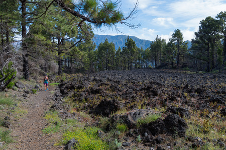 Woman hiking in beautiful lava landscape on the Cumbre Nueva in La Palma, Canary islands, Spainの写真素材