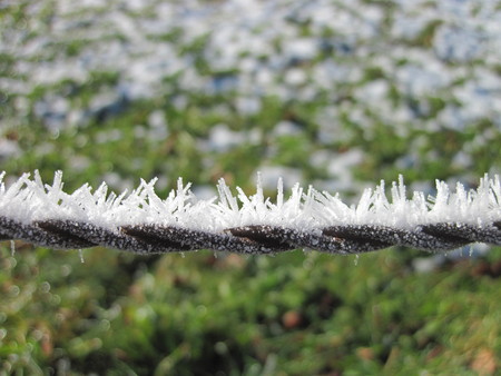 Beautiful ice crystals on a wire fence in winter after a very cold nightの写真素材