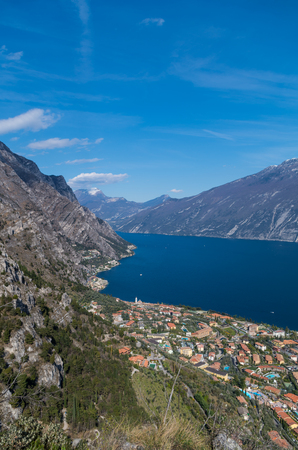 Beautiful view on Limone sul Garda from the mountainside, Italyの写真素材