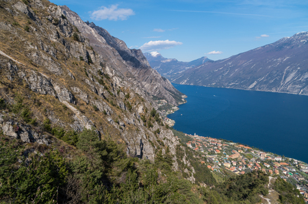 Beautiful view on Limone sul Garda from the mountainside, Italyの写真素材