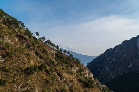 Sunset in the mountains near Limone sul Garda at Lake Garda, Italyの写真素材