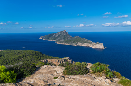 Beautiful on the island Sa Dragonera from the mountains of the Tramuntana, Mallorca, Spainの写真素材