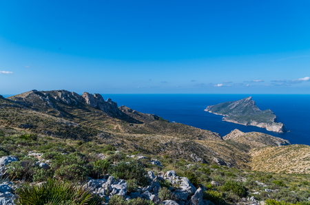 Beautiful on the island Sa Dragonera from the mountains of the Tramuntana on the GR 221, Mallorca, Spainの写真素材