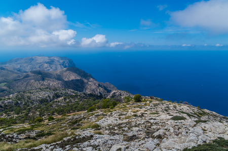 Beautiful panorama on the mediterrainean sea from the GR 221 Tramuntana mountains, Mallorca, Spainの写真素材