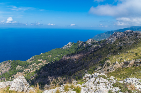 Beautiful panorama on the mediterrainean sea from the GR 221 Tramuntana mountains, Mallorca, Spainの写真素材