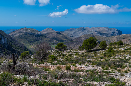 Beautiful panorama on the mediterrainean sea from the GR 221 Tramuntana mountains, Mallorca, Spainの写真素材