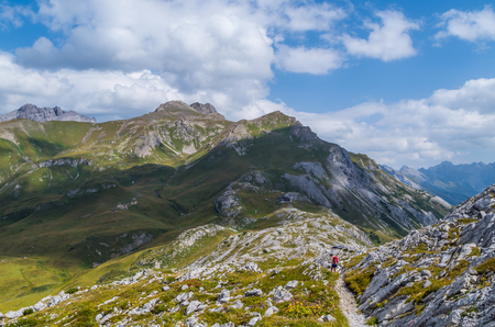 Female hiking in the beautiful mountains of Lechtal Alps, Austriaの写真素材