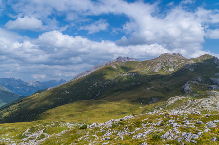 Beautiful mountain landscape in the Lechtal Alps with Leutkirch hut, North Tyrol, Austriaの写真素材