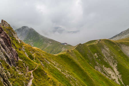 Mountain hut Kaiserjochhaus with beautiful landscape in the Lechtal Alps, North Tyrol, Austriaの写真素材