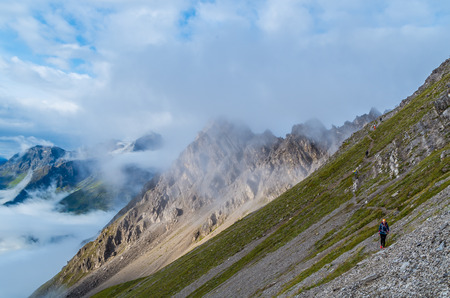 Female hiking in the beautiful mountains of Lechtal Alps, Austriaの写真素材