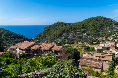 Beautiful panorama of the town Estellencs in the mountains of Tramuntana on Mallorca, Spainの写真素材