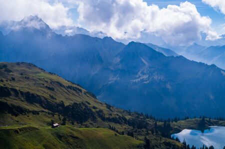 Lake Seealpsee in the mountain landscape of the Allgau Alps above of Oberstdorf, Germany.の写真素材