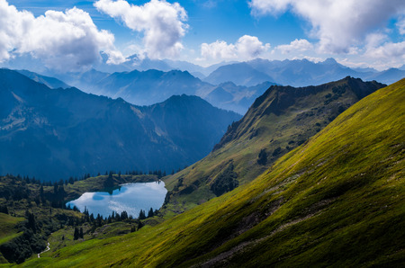 Lake Seealpsee in the mountain landscape of the Allgau Alps above of Oberstdorf, Germany.の写真素材
