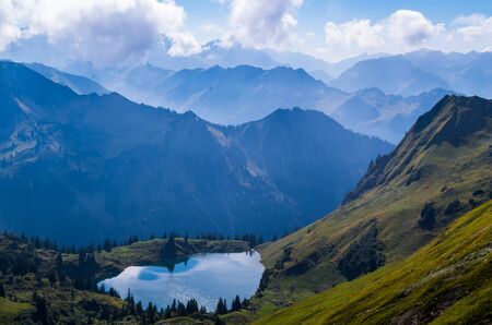 Lake Seealpsee in the mountain landscape of the Allgau Alps above of Oberstdorf, Germany.の写真素材