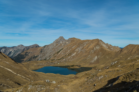 Panorma of mountain lake Schrecksee in Allgau Alps, Germanyの写真素材