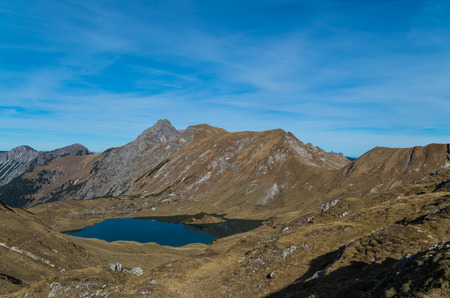 Panorma of mountain lake Schrecksee in Allgau Alps, Germanyの写真素材