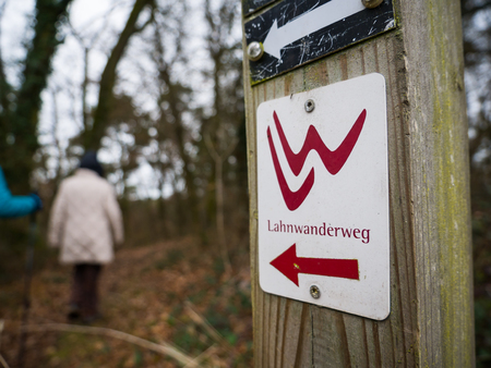 Hiking on the trail of Lahnwanderweg near Runkel, Hessen, Germanyの写真素材