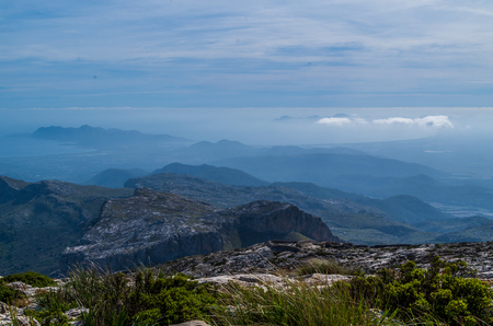 Beautiful panorama on the mediterrainean sea from the GR 221 Tramuntana mountains, Mallorca, Spainの写真素材