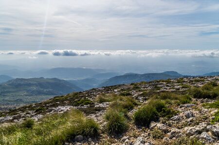 Beautiful panorama on the mediterrainean sea from the GR 221 Tramuntana mountains, Mallorca, Spainの写真素材