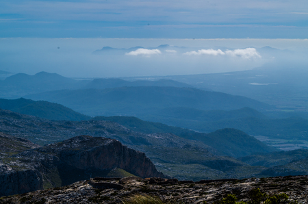 Beautiful panorama on the mediterrainean sea from the GR 221 Tramuntana mountains, Mallorca, Spainの写真素材