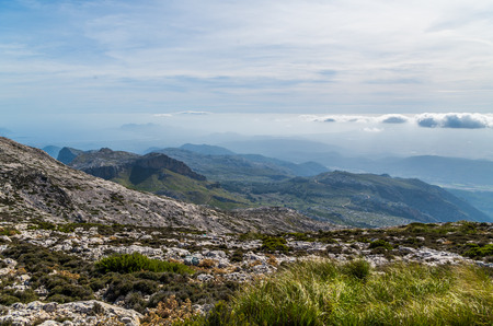 Beautiful panorama on the mediterrainean sea from the GR 221 Tramuntana mountains, Mallorca, Spainの写真素材