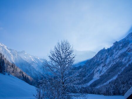 Winter scene in the Allgau Alps in Spielmannsau valley near Oberstdorf, Alllgau, Germanyの写真素材