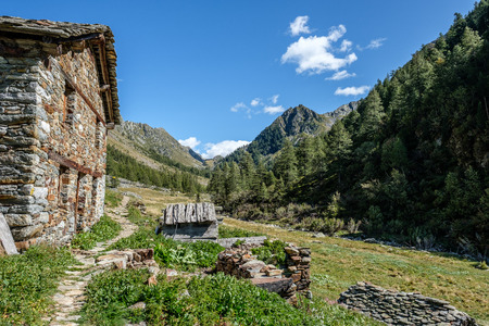 Romantic mountain hut in Oberloo valley, aosta italyの写真素材